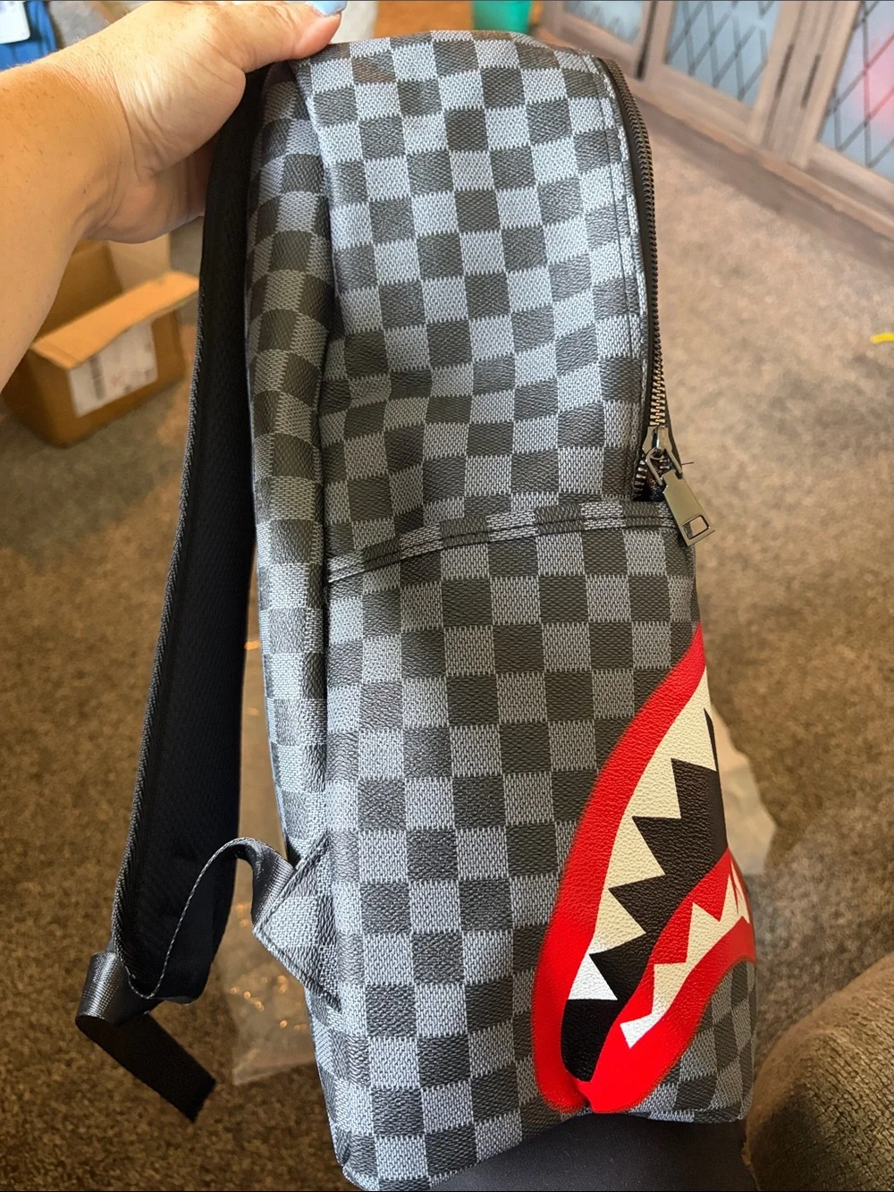 NEW Never Used Checkered Black & Gray Shark Graphic Backpack - Red Accent